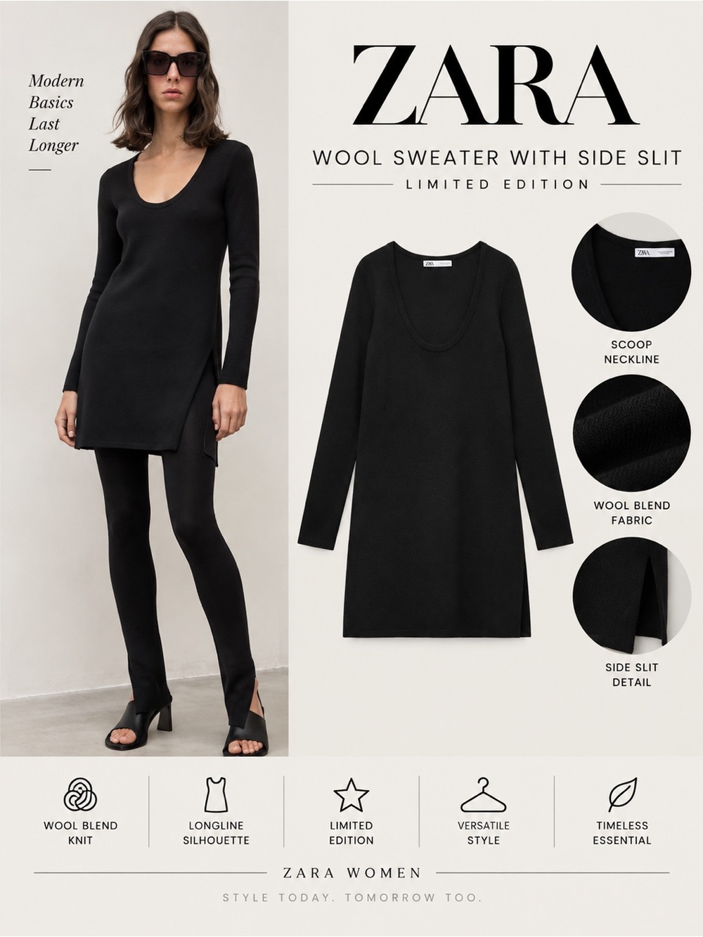 Zara Black Wool Blend Long Sweater NWT Size L Side Slit Limited Edition